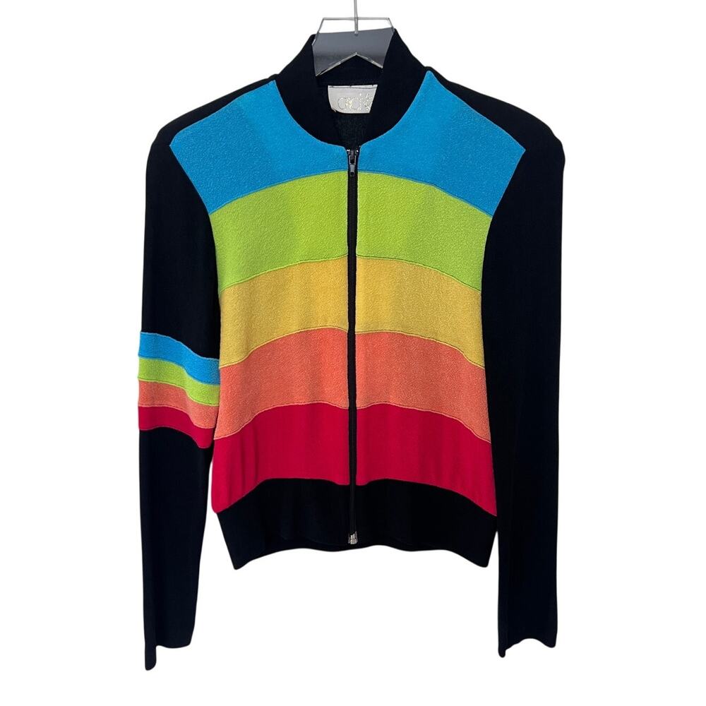 Cache Black Neon Rainbow Stripe Zip Front Jacket S Knit Retro Cardigan